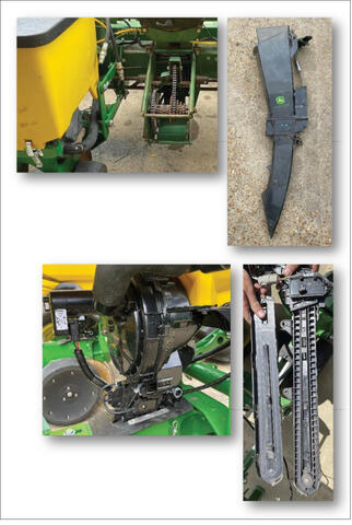 Mechanical (top photo) planter is a John Deere 1700 ground-drive planter with chain and sprocket transmission, eSet meters, and gravity delivery system. Precision (bottom photo) planter is an Ag Leader SureSpeed meter and delivery system.