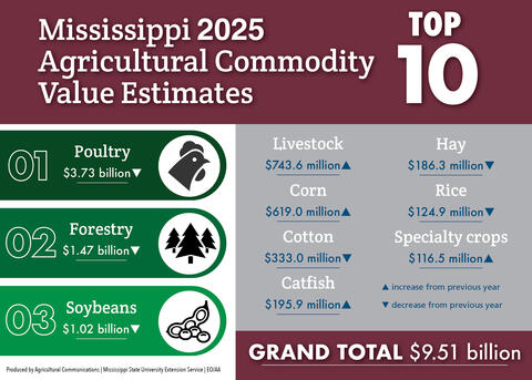 A chart shows the top 10 agricultural commodities in Mississippi.