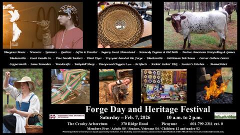 Event flyer featuring knife makers, pineywoods baskets, pineywoods cattle, spinners, weavers, quilters, and Leftie (a miniature donkey).