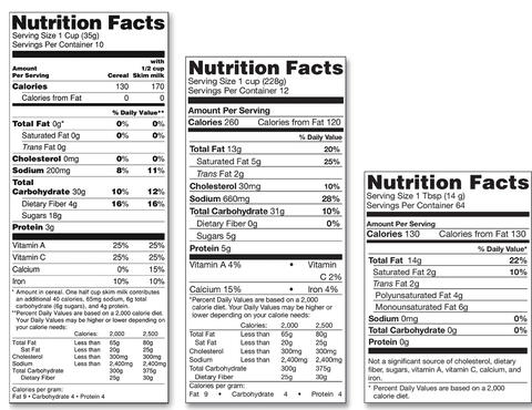 Three example Nutrition Facts labels.