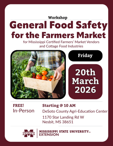 General Food Safety for the Farmers Market Promotional Flyer with photo of farmer holding a wooden basket of fresh produce