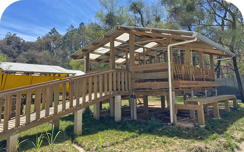 A raised wooden structure with a wooden ramp leading to it.