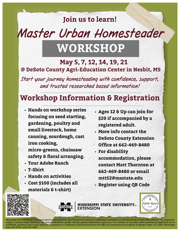 Master Urban Homesteader Workshop May 5, 7, 12, 14, 19, 21