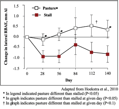 Line graph illustrating changes in lateral RBAE over 140 days in horses maintained on pasture versus in stalls. Horses kept on pasture showed an increase in the measured response over time, while horses kept in stalls showed a decrease.