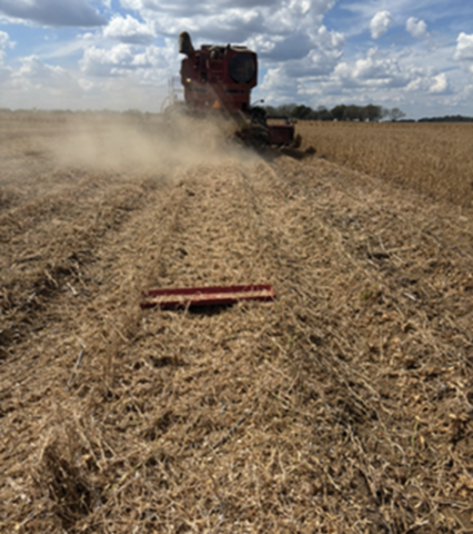 A drop pan is laying in a field as a combine kicks up dust in the distance.