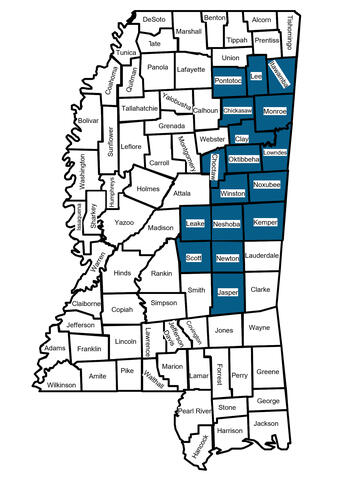 Several counties are highlighted on a map of Mississippi.