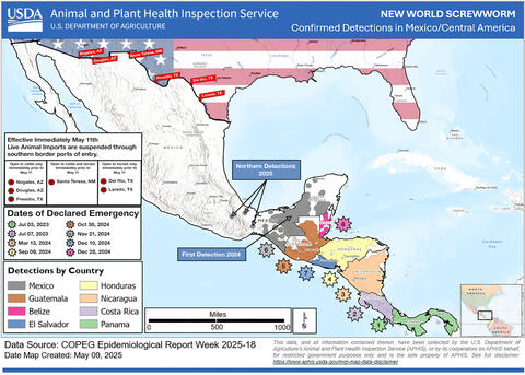 A map shows the recent spread of the New World Screwworm.