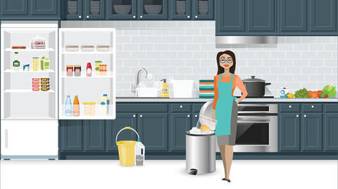 A graphic depicts a woman preparing to clean a refrigerator after storing a recalled food item.