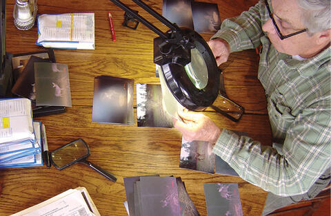 A person looks at photos with a magnifying glass.
