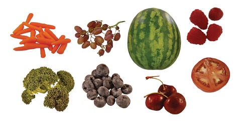 Baby carrots, red grapes, a whole watermelon, raspberries, broccoli florets, blueberries, cherries, and a slice of tomato on a white background.