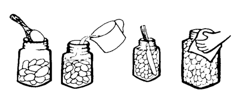 Step 1. Pack the food into the jar. Step 2. Add boiling water. Step 3. Use utensil to get rid of as many bubbles as possible. Step 4. Affix the lid and secure.