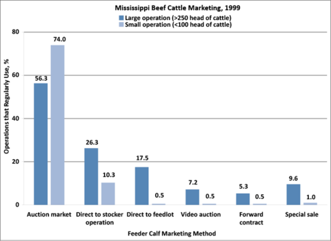 The majority of large Mississippi beef cattle operations (56.3%) and small Mississippi beef cattle operations (74.0%) regularly use the aution market method. Large operations (26.3%) and small operations (10.3%) regularly use the direct to stocker operation. Large operations (17.5%) and small operations (0.5%) regularly use the direct to feedlot method. Large operations (7.2%) and small operations (0.5%) regularly use the video auction method. Large operations (5.3%) and small operations (0.5%) 