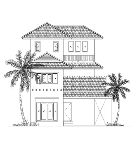 An illustration of a house with a tall palm tree at about the same height as the second-story roof on one side and a smaller palm at about the same height as the first-story roof on the other side.