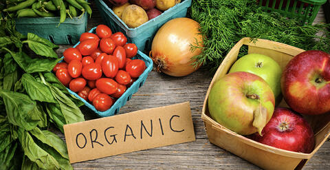 Green beans, grape tomatoes, potatoes, and apples in produce baskets on a wooden table. Bushels of basil and dill and a yellow onion lay directly on the table. A horizontal brown cardboard is displayed with the word &quot;Organic&quot; written in black. 