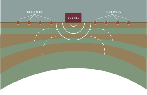 In a seismic survey, a source introduces vibrational energy, which travels through the ground. Receivers on the ground record their reflections at the surface.