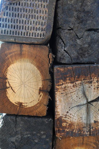 Close-up of the stacked crossties shows how they are offset.&quot;