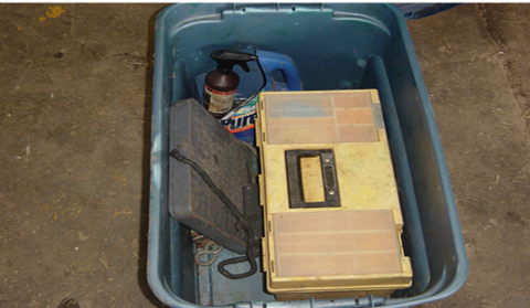An organized bin of calving supplies.