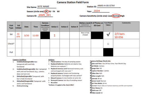 A filled out form for the first (set) visit, showing the site name, season, camera and station ID, year, camera settings, visit type, volunteer initials, date, time, actions, battery level, test photo status, and comments.