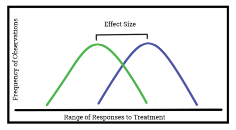 Line graph. X axis is labeled Range of Responses to Treatment. Y axis is labeled Frequency of Observations. The Effect Size is the distance between the peaks of the two different sample populations.
