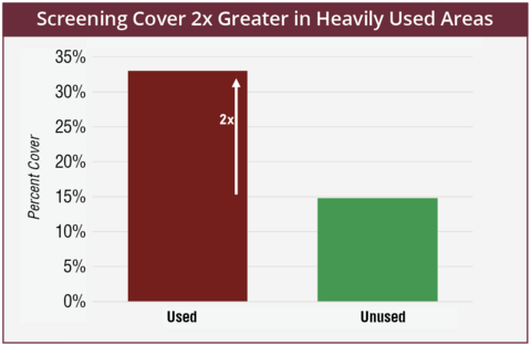 Ground vegetation serves as screening cover to hide bucks from predators while they bed. Areas most often used for bedding have twice the amount of screening cover (33%) compared to areas rarely used for bedding (15%).