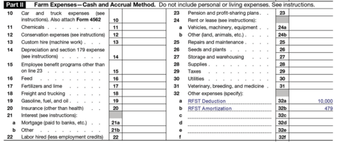 Part II Farm Expenses–Cash and Accrual Method sample IRS tax form showing other expenses on line 32: a) RFST Deduction of $10,000 and b) RFST Amortization of $479. All other lines are blank.
