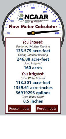 By using the NCAAR Flow Meter Calculator for the example scenario, the gross water volume was calculated to be 113.301 acre-feet or 1359.61 acre-inches or 36919293 gallons, while the gross water depth was calculated to be 8.5 inches.