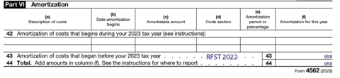 Part VI Amortization (2023) sample IRS tax form with lines 43 and 44 both showing $958. A note indicates &quot;RFST 2022.&quot;