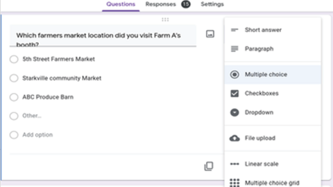 A screenshot shows the drop-down menu of response type selections.