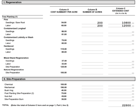 Sample IRS worksheet labeled I. Regeneration showing two rows under the heading Tree Planting (1) with the following information: Row 1: Pine seedlings/bare root, column A (cost summary per acre) is prefilled with 54.00; column B (number of acres) reads 200; column C (extended cost; column A multiplied by column B) reads 10800. Row 2: Pine labor, column A (cost summary per acre) is prefilled with 60.00; column B (number of acres) reads 200; and column C (extended cost; column A multiplied by col