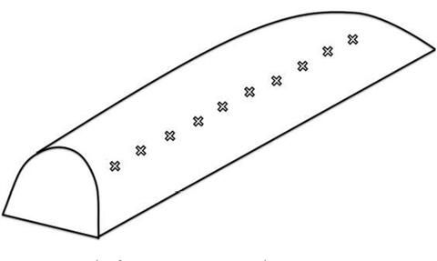 An illustration of a windrow with ten temperature monitoring locations marked by multiple x's through the center. 