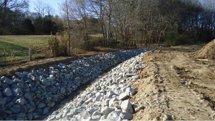Figure 4B after: A ditch is covered with large gray rocks from the bottom to the bank.