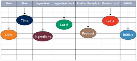 Sample recording sheet with columns for date, time, ingredient, ingredient lot number, product/formula number, product log number, and initials.