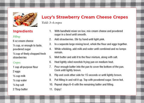 Recipe card graphic for Lucy's Cream Cheese Crepes