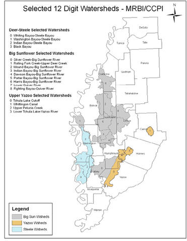 A map of the three important watersheds: Big Sun Watershed, Yazoo Watershed, and Steele Watershed. Big Sun Watershed covers portions of Coahoma, Bolivar, Sunflower, Leflore, Washington, Humphreys, Sharkey, and Yazoo counties. The Yazoo Watershed covers portions of Yazoo, Humphreys, and Holmes counties. The Steele Watershed covers portions of Washington, Issaquena, and Sharkey counties. 