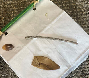 A white lunch bag affixed to a popsicle stick and a leaf, stick, and acorn glued to the bag.