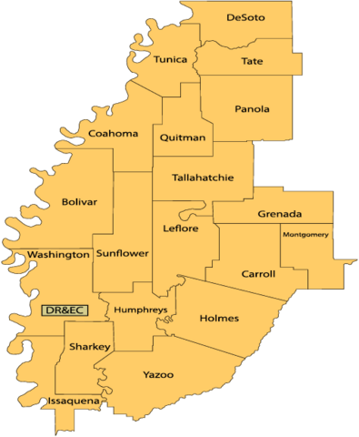 Map of the following counties in the Mississippi Delta Region: DeSoto, Tunica, Coahoma, Bolivar, Washington, Issaquena, Sharkey, Yazoo, Humphreys, Sunflower, Holmes, Leflore, Tallahatchie, Quitman, Tate, Panola, Grenada, Carroll, and Montgomery. A block illustrates that the Delta Research and Extension Center is located in Washington County.