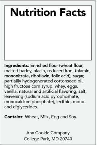 Example nutrition facts label for Option 2 with an ingredients list with this statement: Contains: Wheat, Milk, Egg, and Soy.