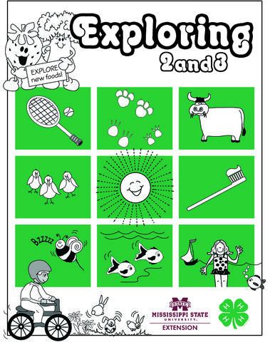 The cover of Exploring 2 and 3 has drawings of fruits and veggies, a cow, a tennis racket and ball, animal footprints, birds, the sun, a toothbrush, a bee, fish, a person at the ocean, and a person riding a bike.
