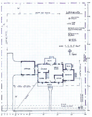 Example base plan drawing of a house and yard.