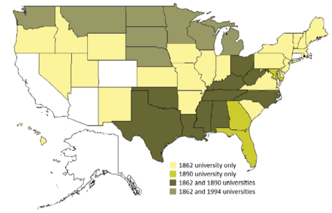 A color-coded map showing the states that offer economic and community development programming through at least one land-grant instutituion. Dark green states have 1862 and 1890 universities, olive green states have 1862 and 1994 universities, lime green states have an 1890 university only, and the yellow states have an 1862 university only. Five states that do not fall under any of the categories are in white: Alaska, California, Arizona, Colorado, and Connecticut. See paragraph three under the