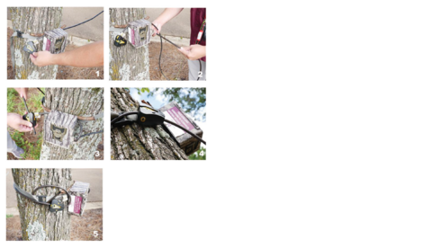 Demonstration images of the following five steps for correctly feeding the cable cord through the security box.