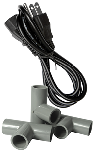 Three PVC T-shaped pipes and an electric cord.