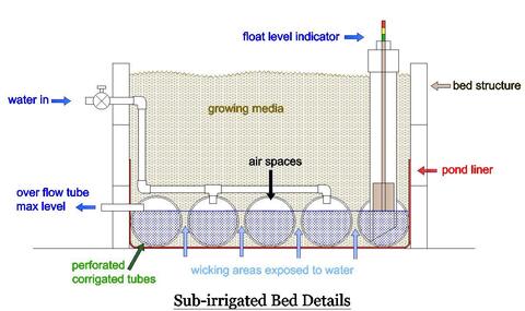 Technical drawing of subirrigated bed details.