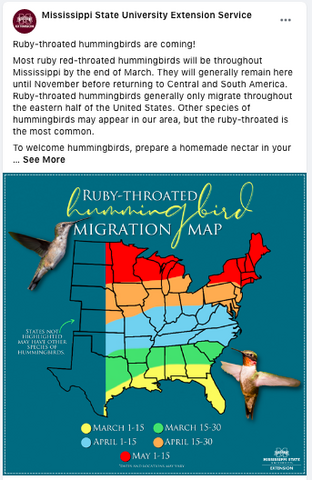 A Facebook post showing a ruby-throated hummingbird migration map.