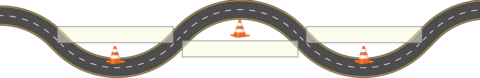 Curving road graphic with orange traffic cones marking turning points along the way.