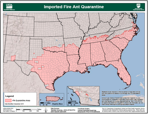 A map of the southeastern United States partially shaded red to indicate location of fire ant quarantine. The red area covers Louisiana, Mississippi, Alabama, Georgia, South Carolina, Florida, and portions of Texas, Oklahoma, Arkansas, Tennessee, and North Carolina.&nbsp;