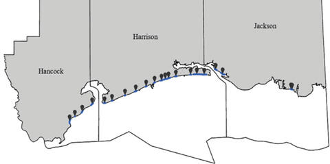 Map of Mississippi Gulf Coast counties and beach monitoring station locations. Hancock and Jackson Counties each have four stations, and Harrison County has 13.