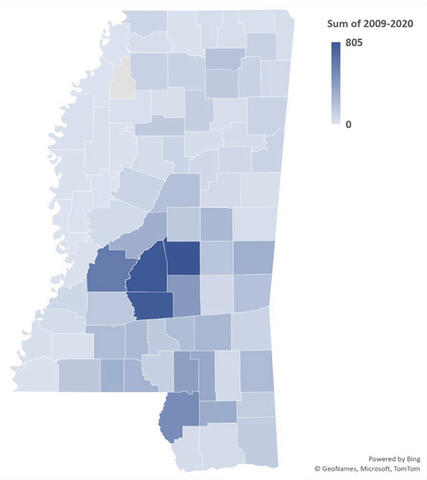 Mississippi map showing number of hay advertisements, from 0 to 805, in each county. Refer to Hay Advertisements for more details.
