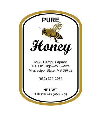 An example honey label for a brand called Pure Honey. The label includes the address and phone number of the company, and the net weight of the product (1 pound/16 ounces/453.5 grams).