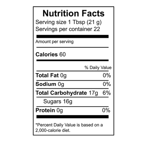 A nutrition facts label. Serving size 1 Tbsp (21 g); servings per container 22; calories per serving 60; total fat 0g (0% daily value); sodium 0g (0% daily value); total carbohydrate 17g (6% daily value); sugars 16g; protein 0g (0% daily value).